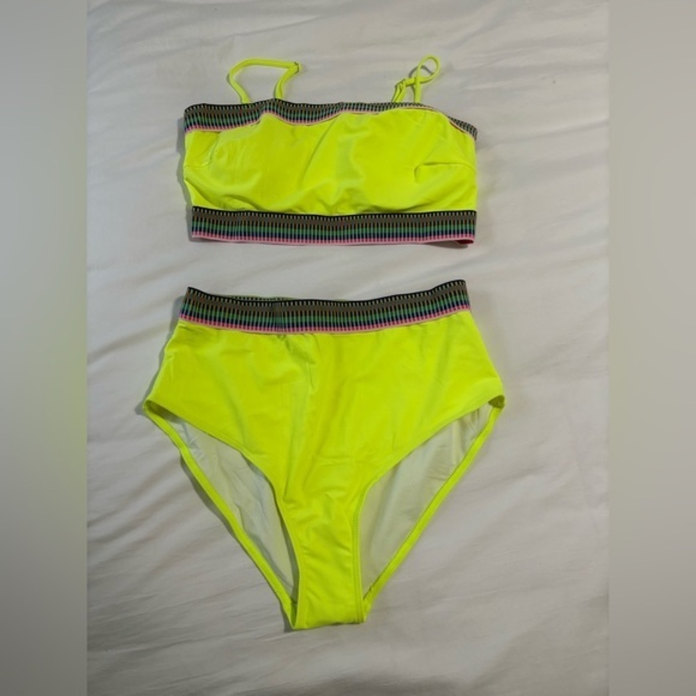 Brand new Neon green yellow two piece bathing suit Size Large w/ colorful bands